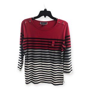 NEW! Karen Scott Woman Sport Top Wmns Sz 0X Red Black White Striped 3/4 Sleeve